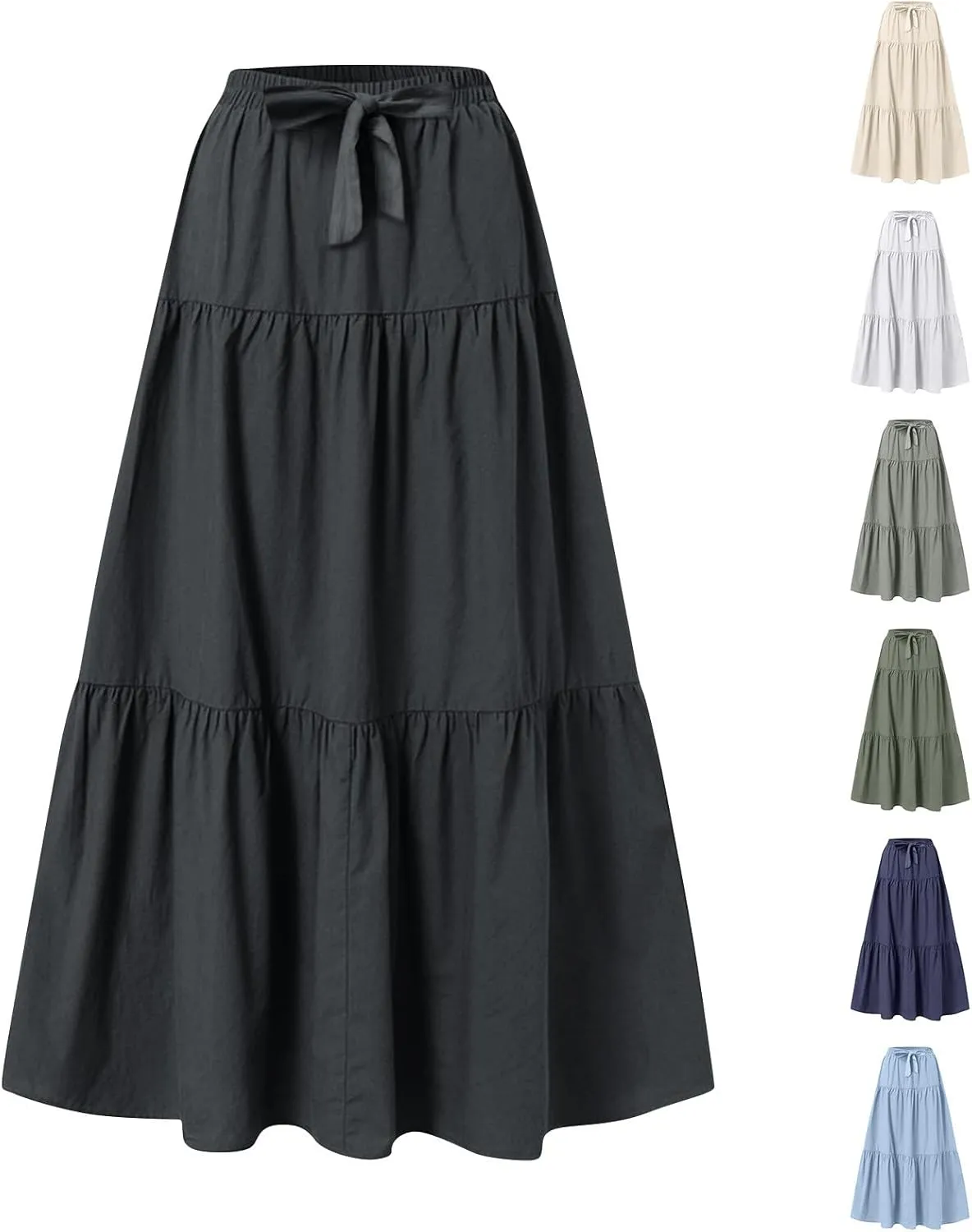 Linen Skirts for Women 2025 Casual Summer Bow High Waisted Tiered Maxi Skirt Flowy Vacation Beach Long Pleated Skirt