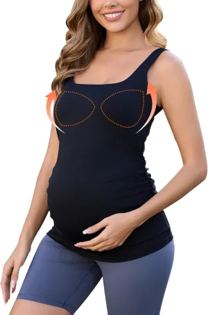 Liu & Qu Women's Maternity Tank Tops with Built in Bra Square Neck Sleeveless Pregnancy Athletic Yoga Shirts Workout Camisole