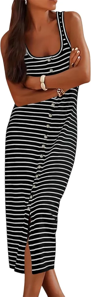 LLHXRUI Women Casual Sleeveless Striped Sundress Button Down Spring Tank Maxi Dress Summer Dress Beach Bodycon Long Dresses
