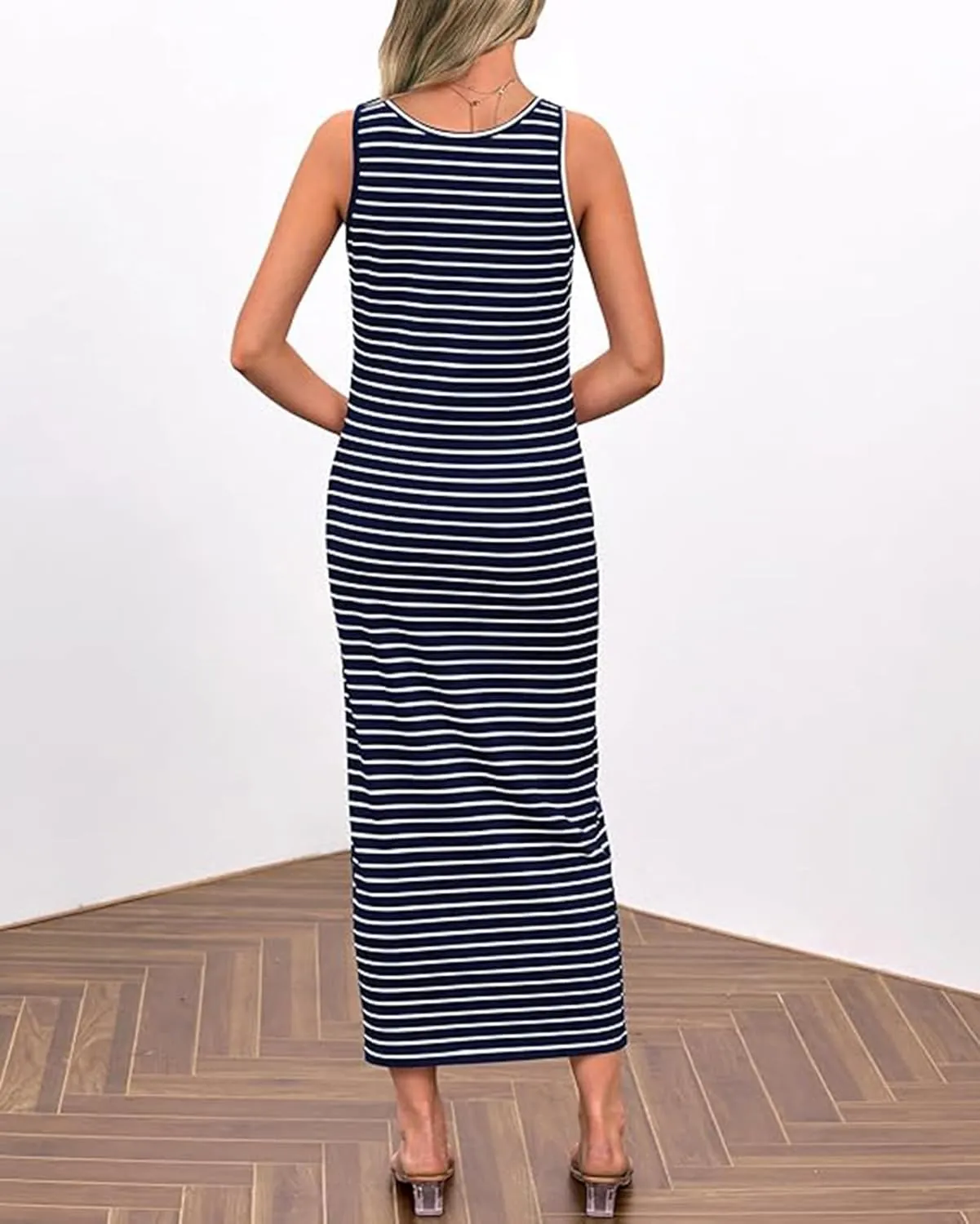 LLHXRUI Women Casual Sleeveless Striped Sundress Button Down Spring Tank Maxi Dress Summer Dress Beach Bodycon Long Dresses