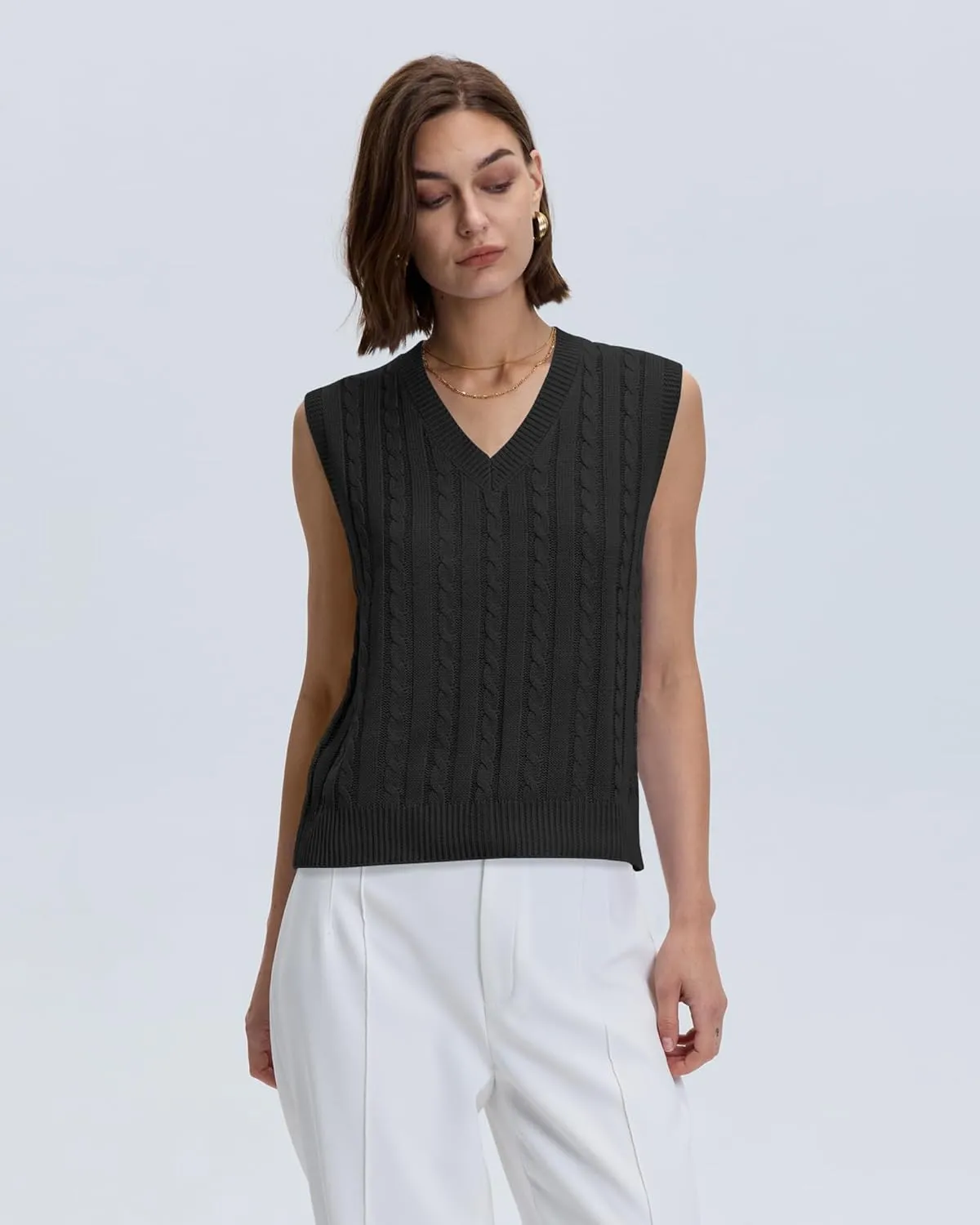 Locachy Women's Vintage Loose V Neck Sleeveless Cable Knit Preppy Style Pullover Sweater Vest