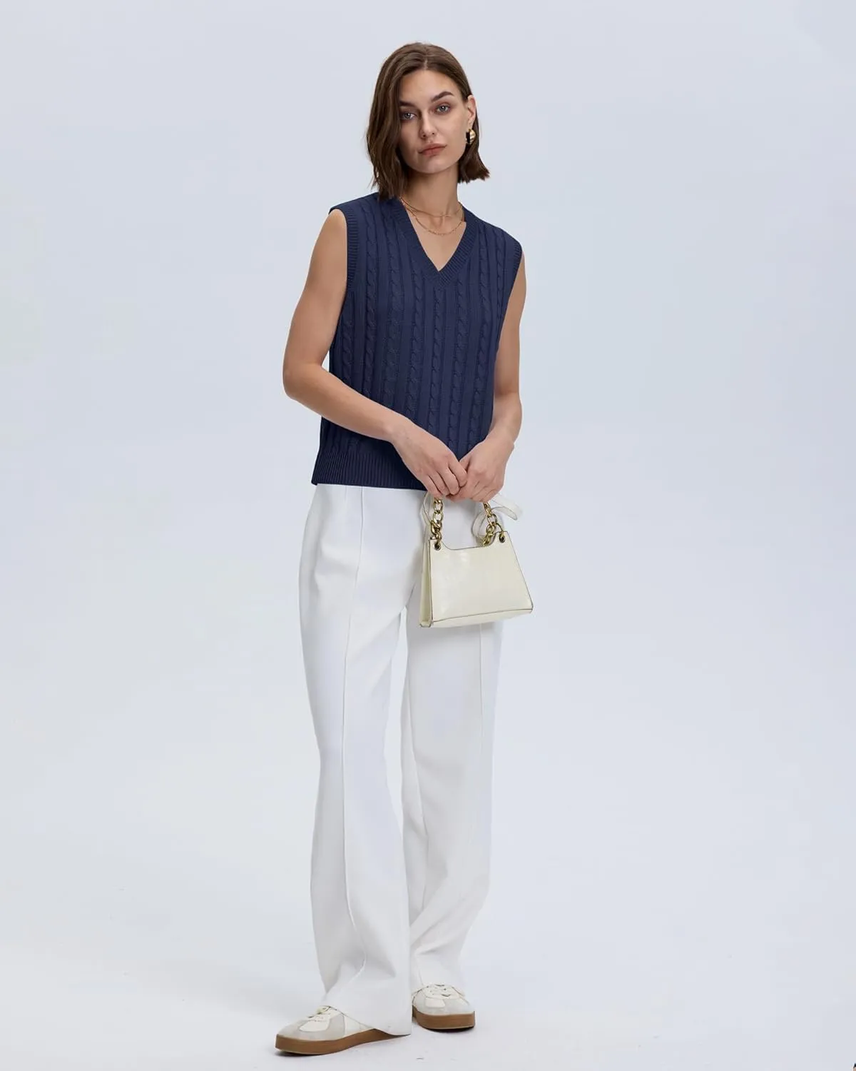 Locachy Women's Vintage Loose V Neck Sleeveless Cable Knit Preppy Style Pullover Sweater Vest