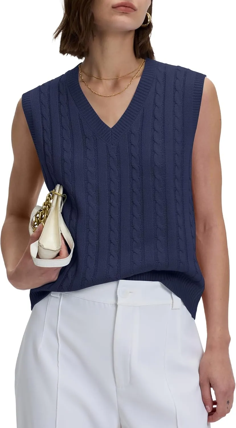 Locachy Women's Vintage Loose V Neck Sleeveless Cable Knit Preppy Style Pullover Sweater Vest