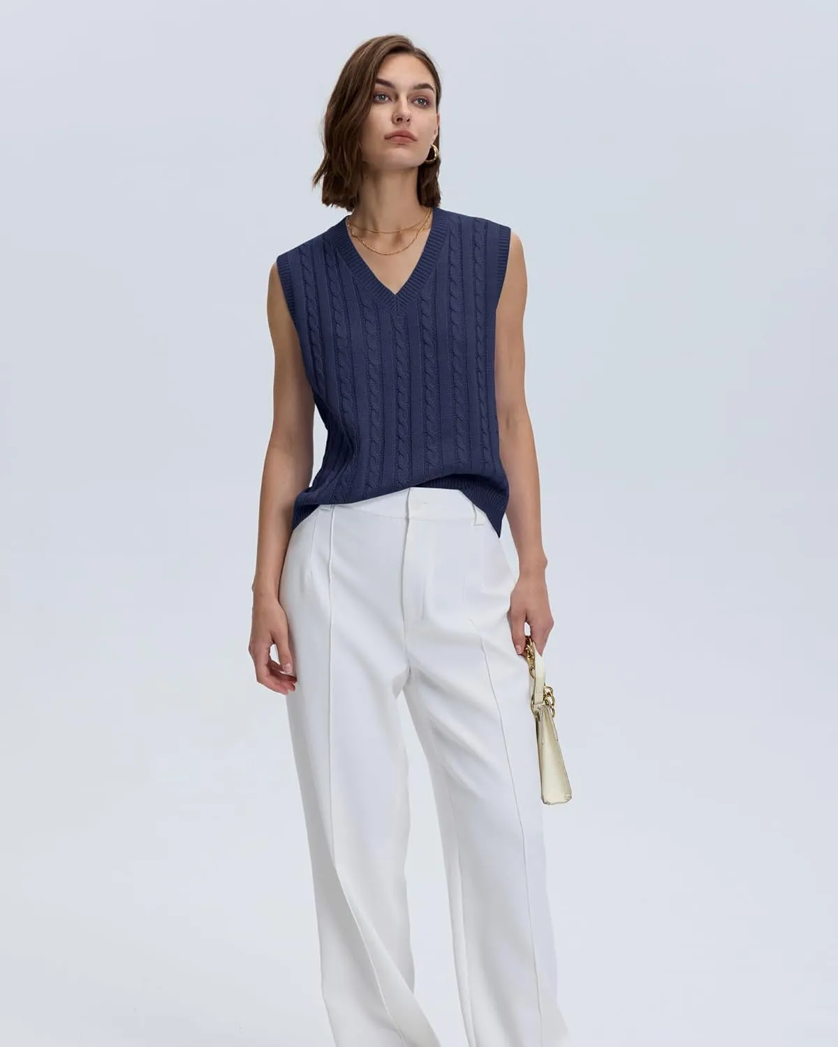 Locachy Women's Vintage Loose V Neck Sleeveless Cable Knit Preppy Style Pullover Sweater Vest