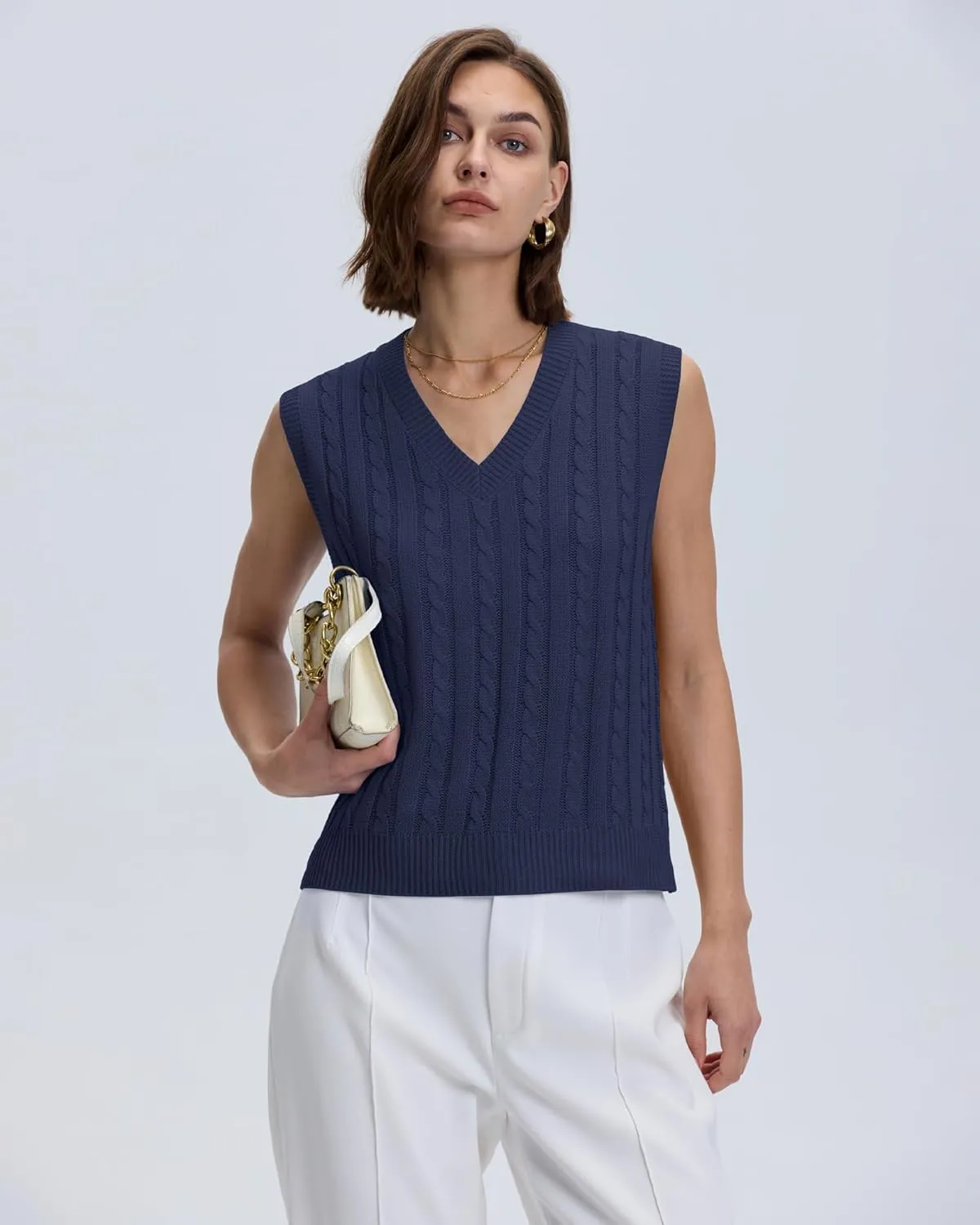 Locachy Women's Vintage Loose V Neck Sleeveless Cable Knit Preppy Style Pullover Sweater Vest