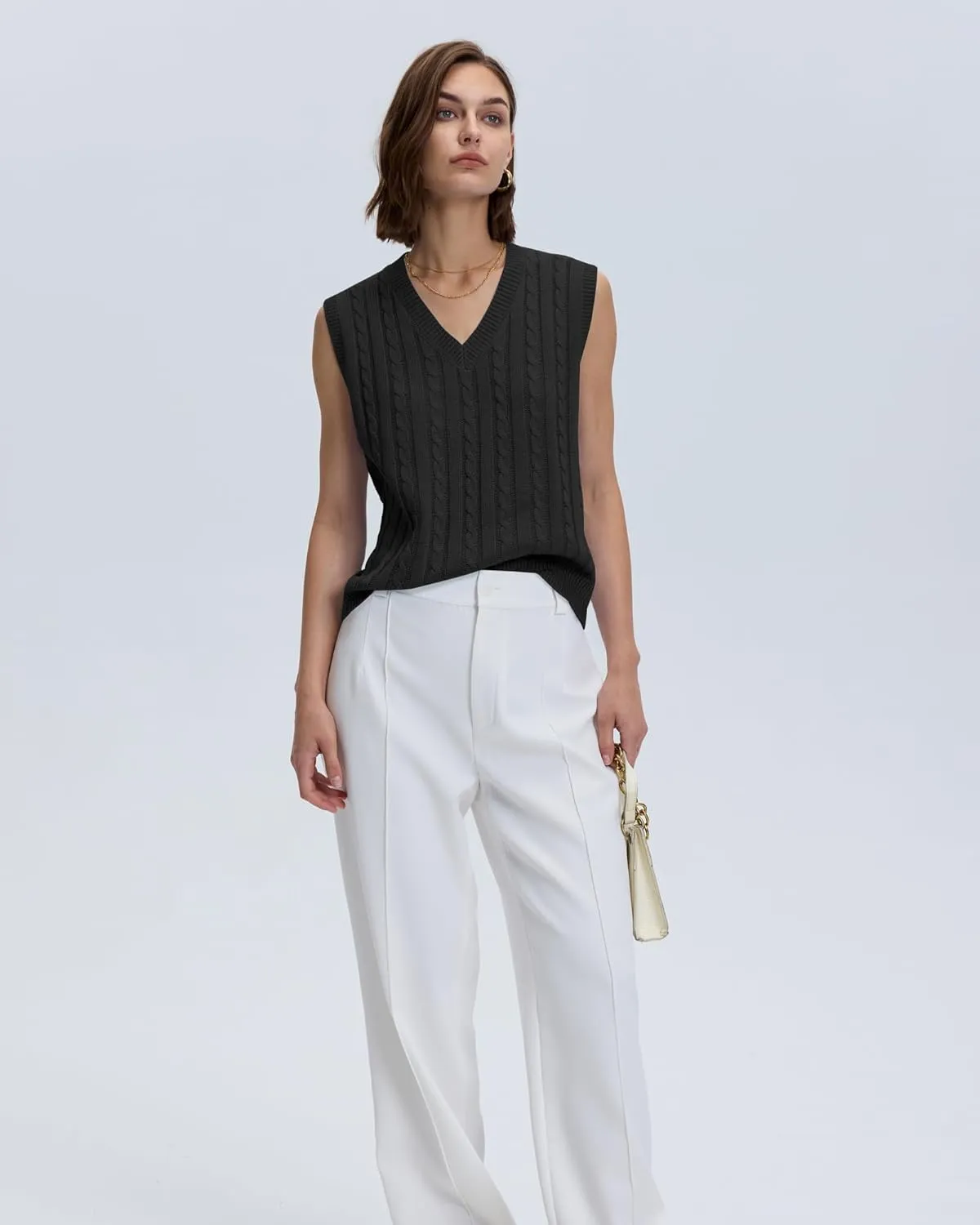 Locachy Women's Vintage Loose V Neck Sleeveless Cable Knit Preppy Style Pullover Sweater Vest