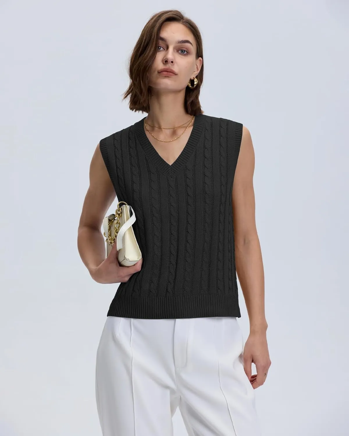 Locachy Women's Vintage Loose V Neck Sleeveless Cable Knit Preppy Style Pullover Sweater Vest