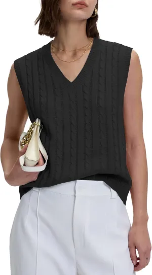 Locachy Women's Vintage Loose V Neck Sleeveless Cable Knit Preppy Style Pullover Sweater Vest