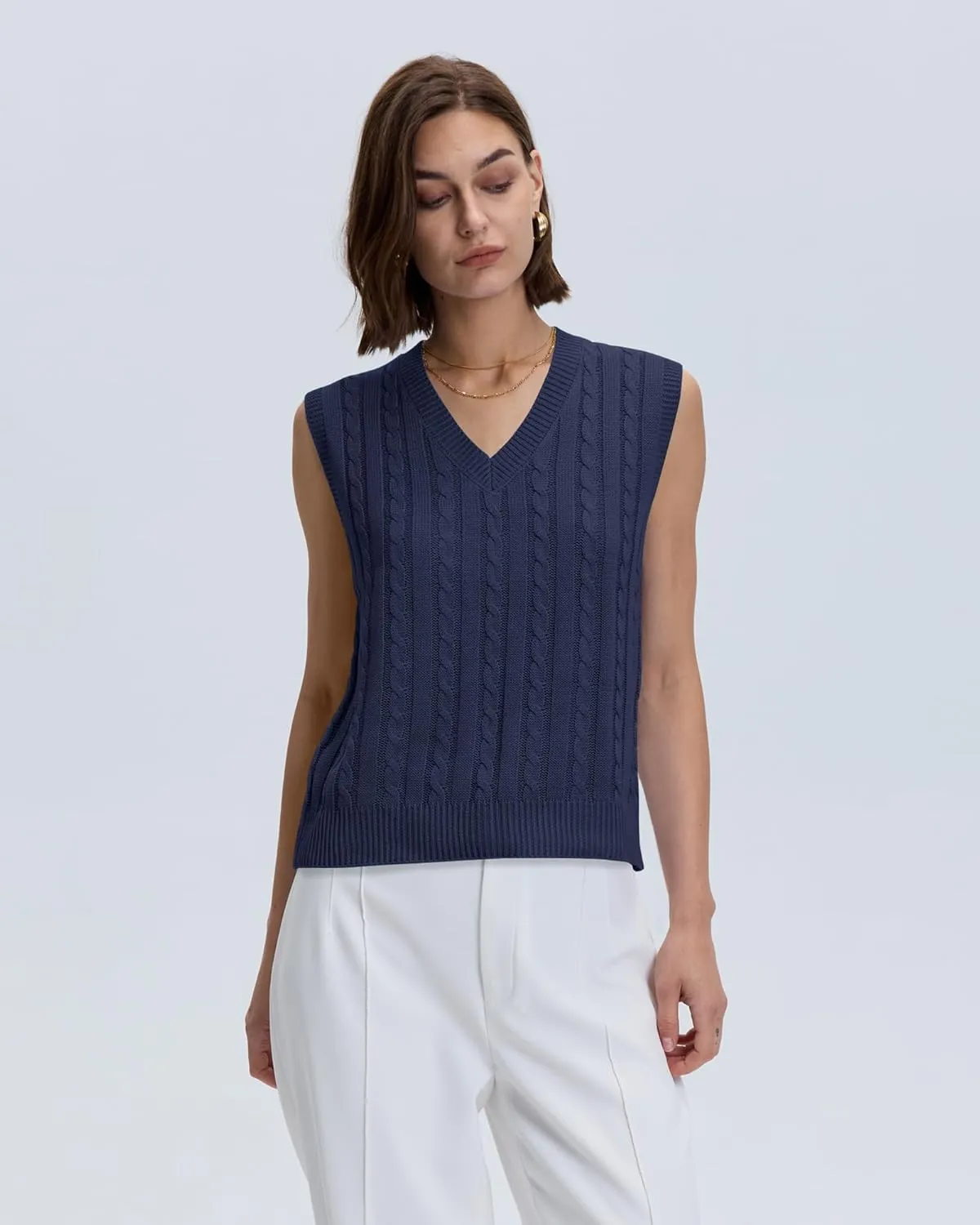 Locachy Women's Vintage Loose V Neck Sleeveless Cable Knit Preppy Style Pullover Sweater Vest