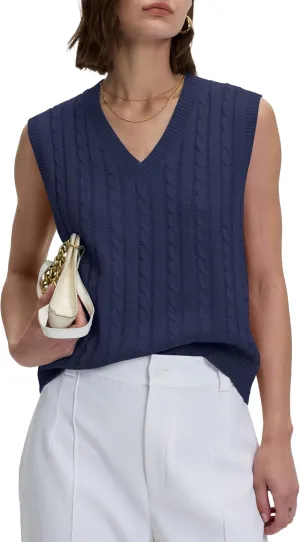 Locachy Women's Vintage Loose V Neck Sleeveless Cable Knit Preppy Style Pullover Sweater Vest
