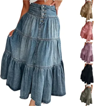 Long Denim Skirts for Women,Button Down High Waist Tiered Ruffle Swing A-Line Jean Maxi Skirt with Pockets