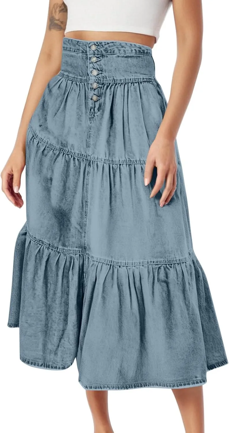 Long Denim Skirts for Women,Button Down High Waist Tiered Ruffle Swing A-Line Jean Maxi Skirt with Pockets