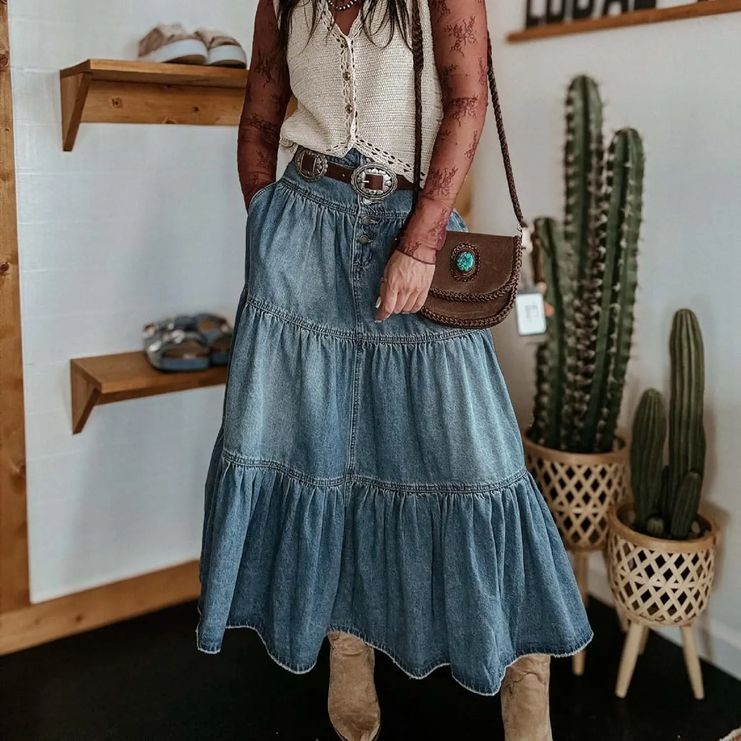 Long Denim Skirts for Women,Button Down High Waist Tiered Ruffle Swing A-Line Jean Maxi Skirt with Pockets