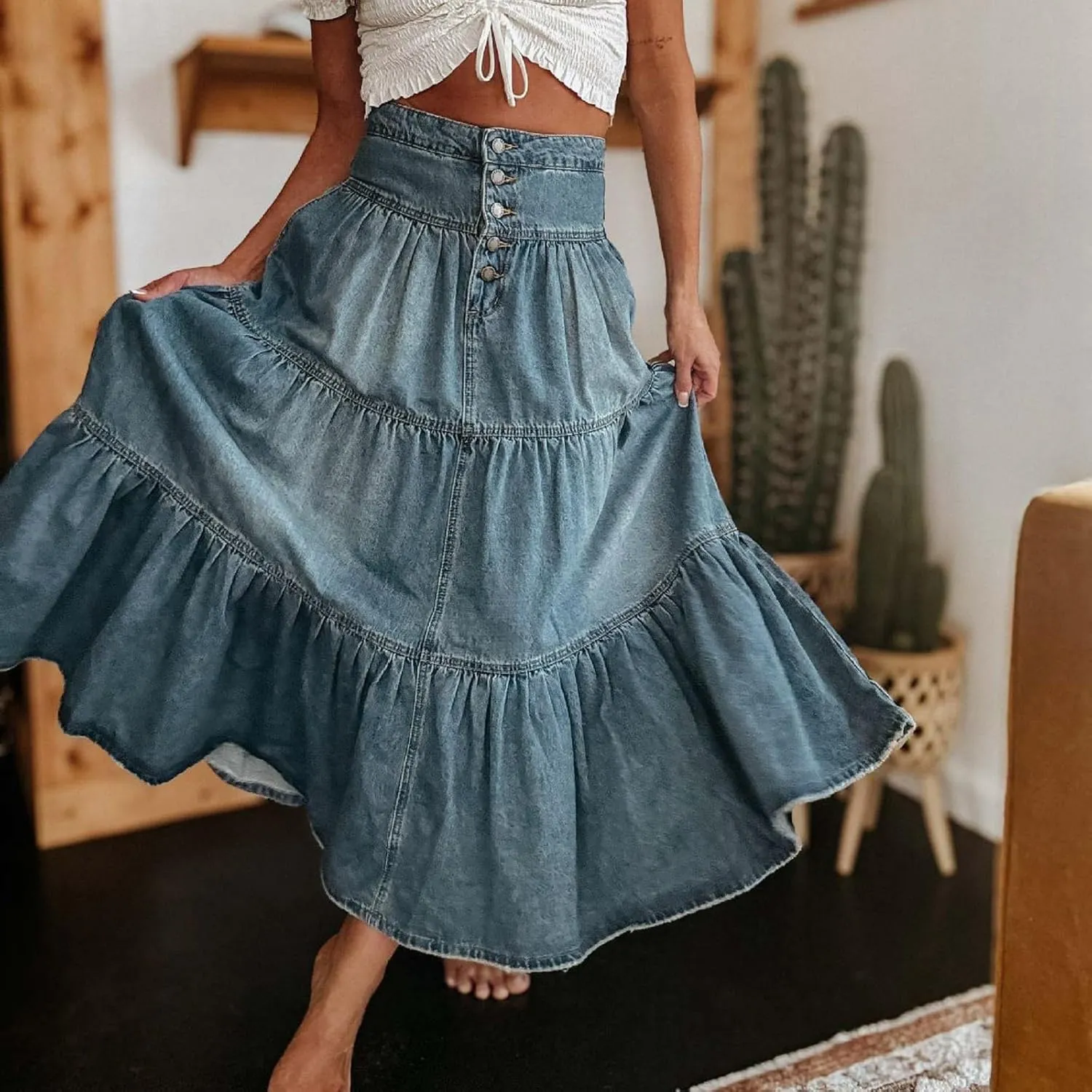 Long Denim Skirts for Women,Button Down High Waist Tiered Ruffle Swing A-Line Jean Maxi Skirt with Pockets