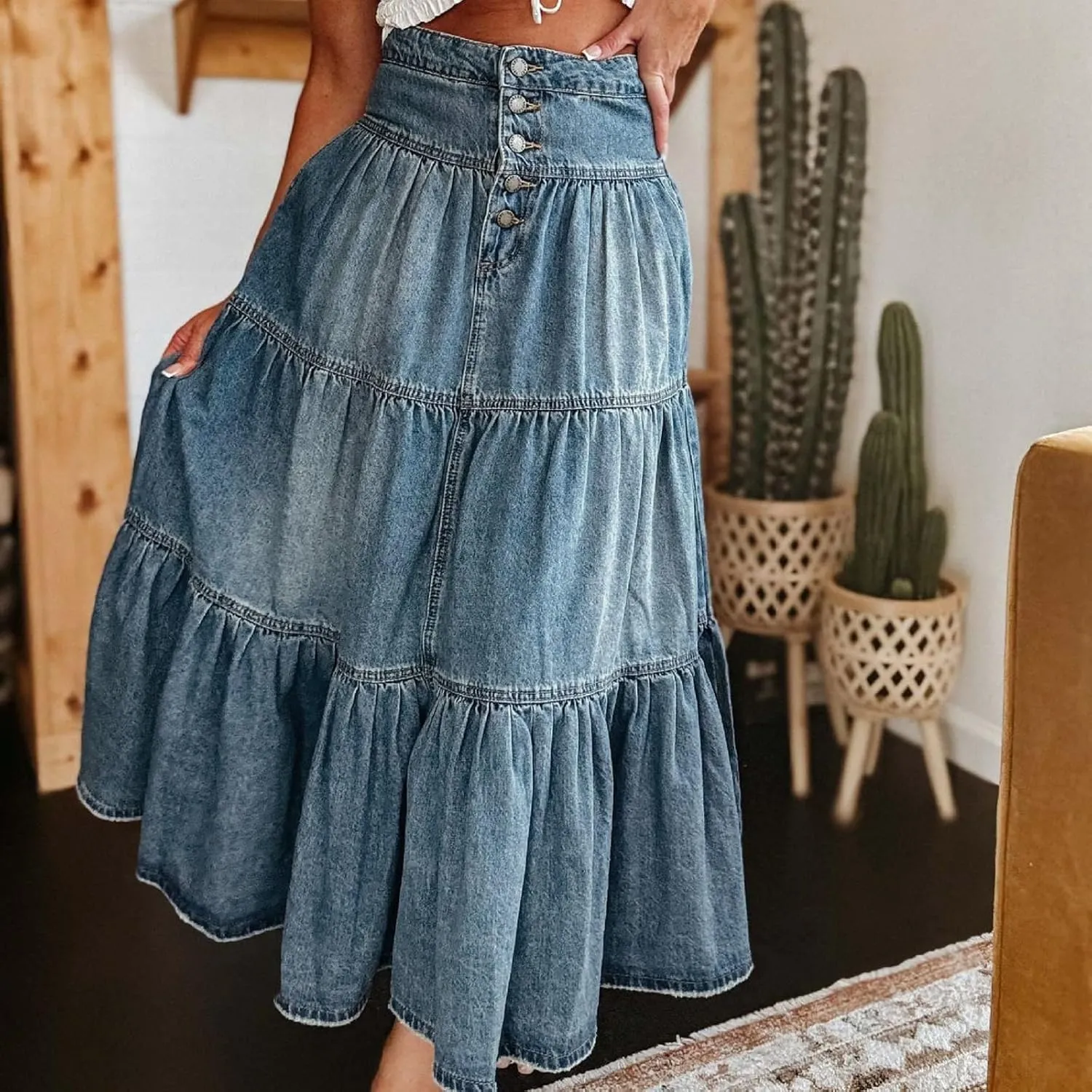 Long Denim Skirts for Women,Button Down High Waist Tiered Ruffle Swing A-Line Jean Maxi Skirt with Pockets