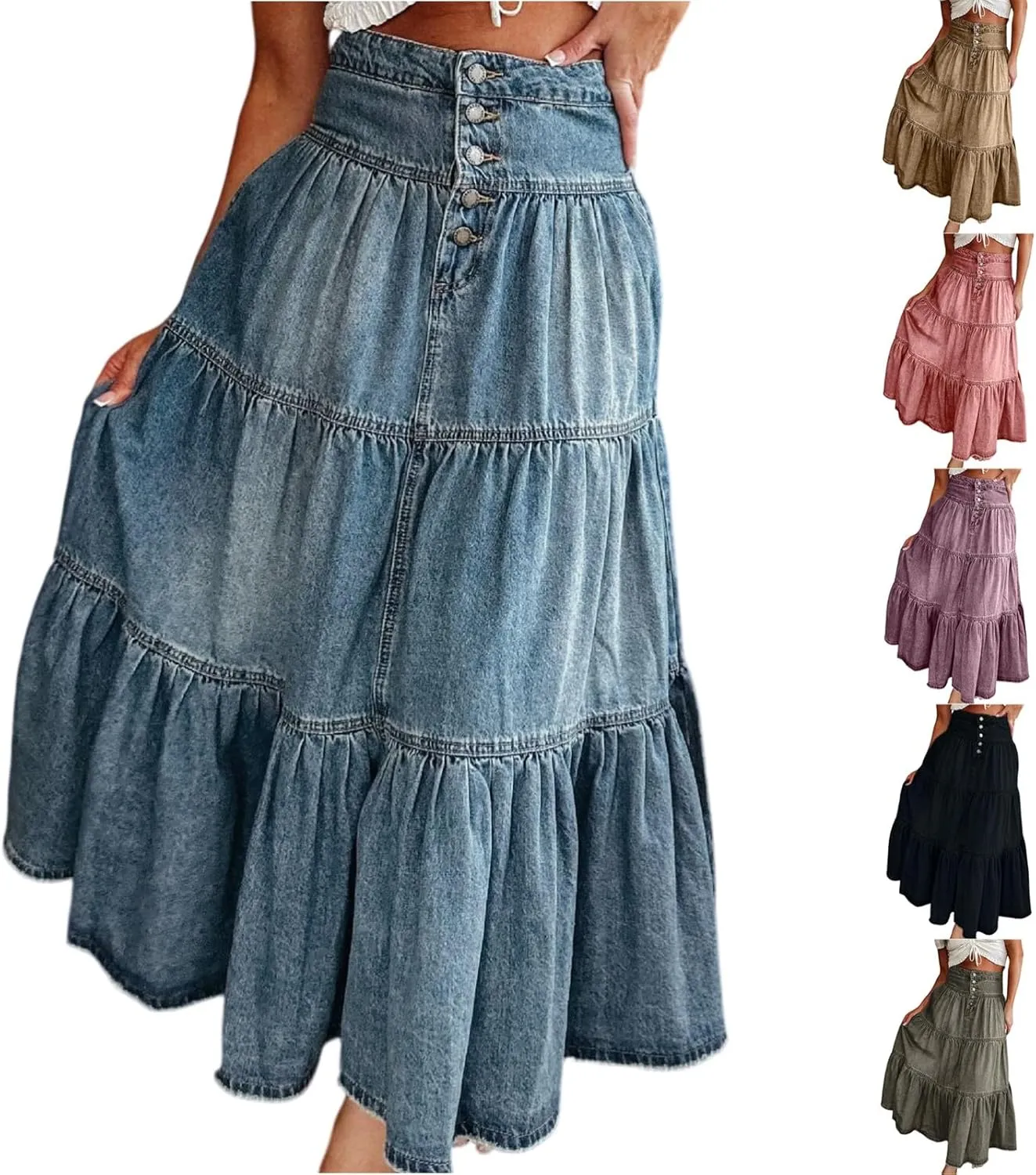 Long Denim Skirts for Women,Button Down High Waist Tiered Ruffle Swing A-Line Jean Maxi Skirt with Pockets
