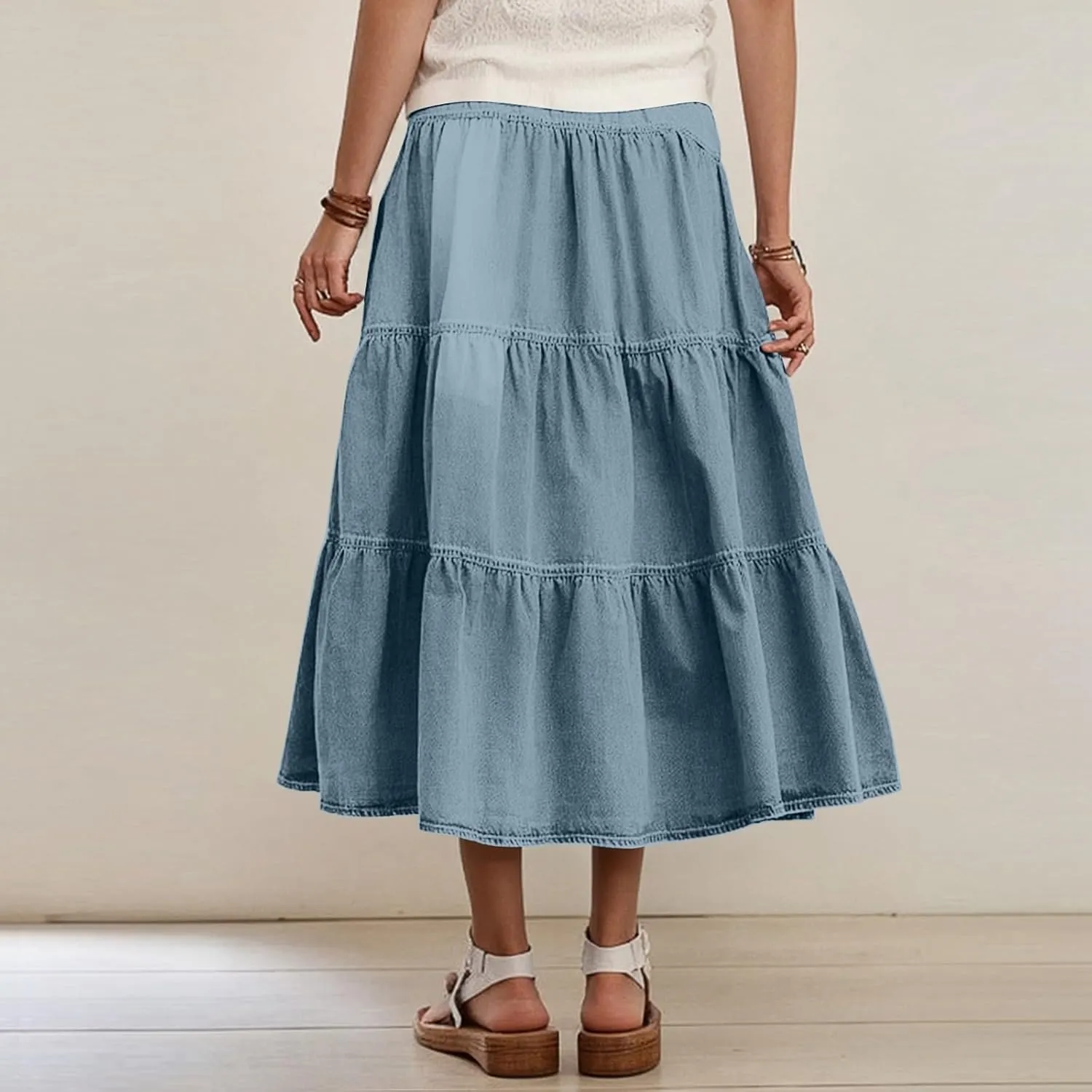 Long Denim Skirts for Women,Button Down High Waist Tiered Ruffle Swing A-Line Jean Maxi Skirt with Pockets