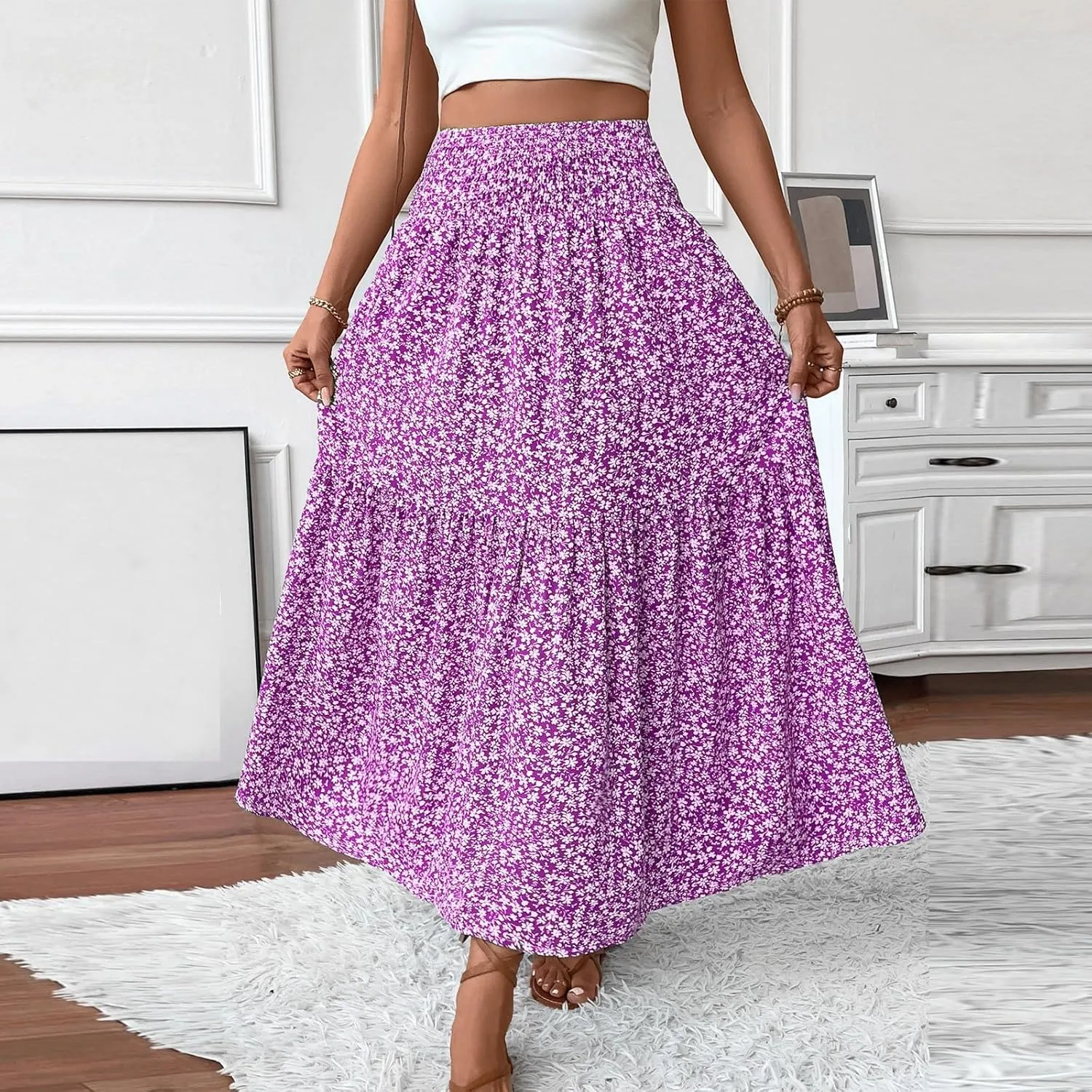 Long Flowy Skirts for Women Smocked High Waisted Floral Maxi Skirt with Pockets Boho Ruffle Tiered Beach A Line Skirt