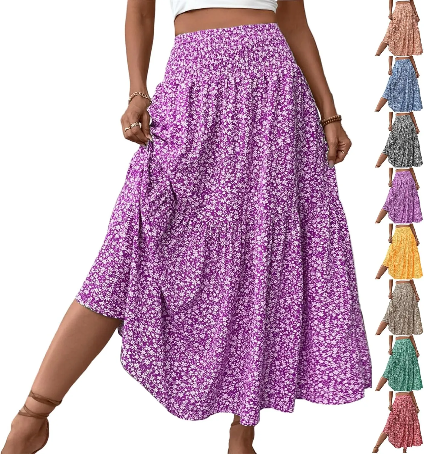Long Flowy Skirts for Women Smocked High Waisted Floral Maxi Skirt with Pockets Boho Ruffle Tiered Beach A Line Skirt