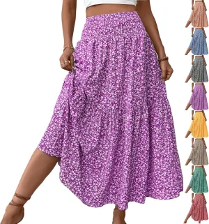 Long Flowy Skirts for Women Smocked High Waisted Floral Maxi Skirt with Pockets Boho Ruffle Tiered Beach A Line Skirt