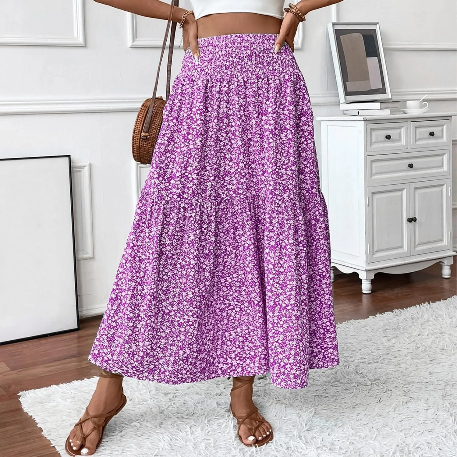 Long Flowy Skirts for Women Smocked High Waisted Floral Maxi Skirt with Pockets Boho Ruffle Tiered Beach A Line Skirt