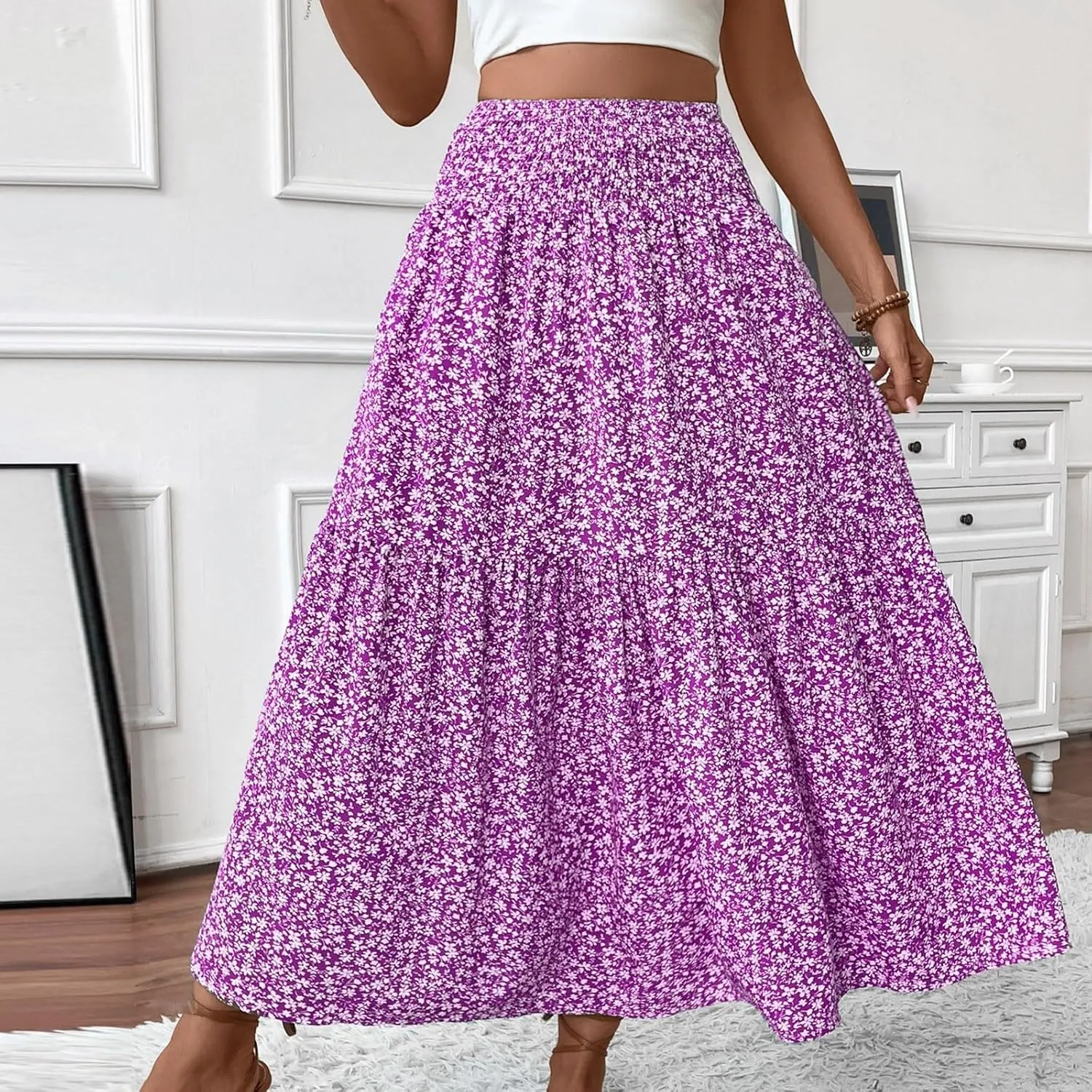 Long Flowy Skirts for Women Smocked High Waisted Floral Maxi Skirt with Pockets Boho Ruffle Tiered Beach A Line Skirt