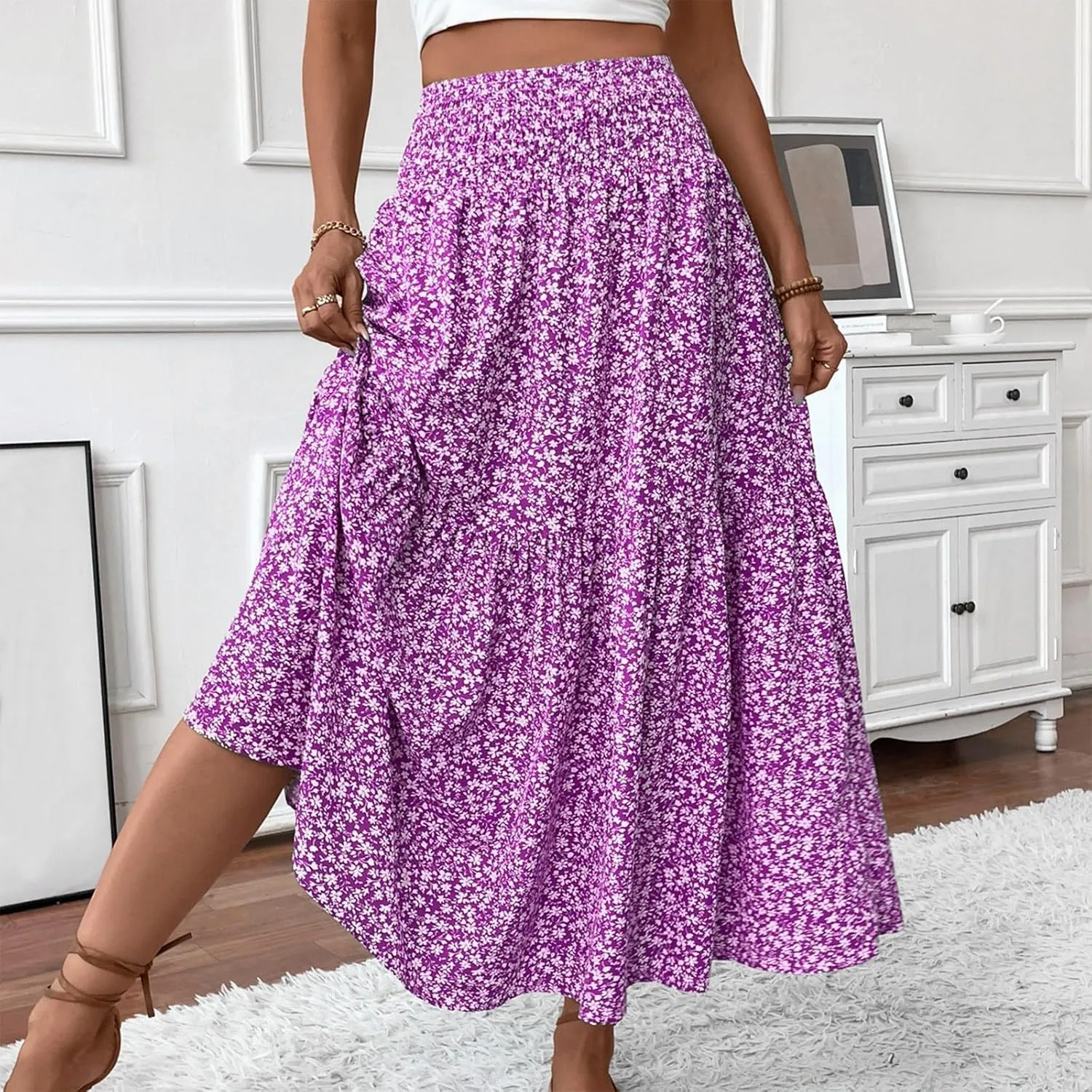 Long Flowy Skirts for Women Smocked High Waisted Floral Maxi Skirt with Pockets Boho Ruffle Tiered Beach A Line Skirt