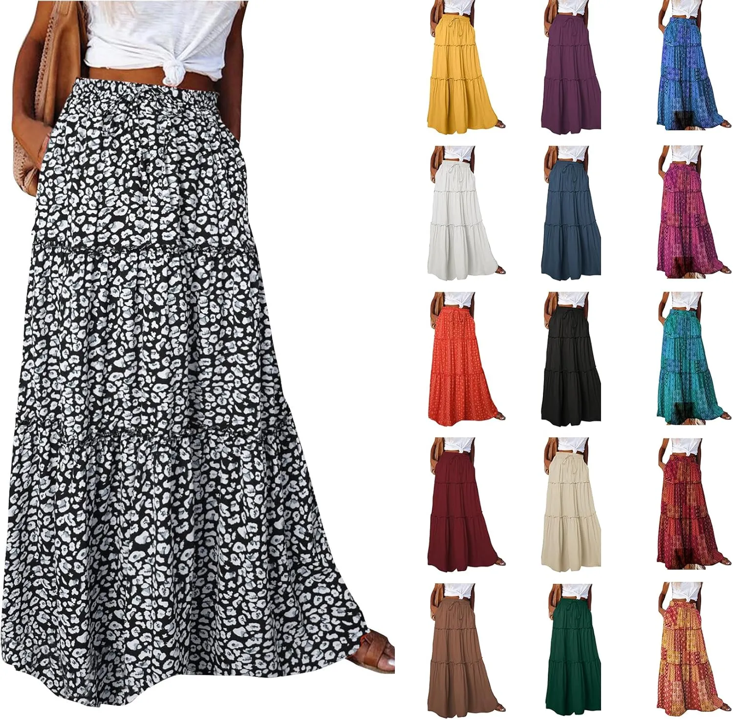 Long Skirts for Women Summer Floral High Waisted Casual A Line Skirt Pleated Beach Flowy Boho Maxi Skirt with Pockets