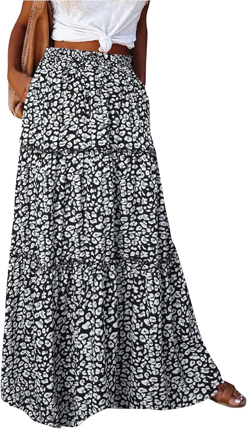 Long Skirts for Women Summer Floral High Waisted Casual A Line Skirt Pleated Beach Flowy Boho Maxi Skirt with Pockets