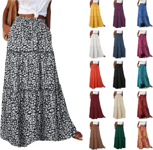 Long Skirts for Women Summer Floral High Waisted Casual A Line Skirt Pleated Beach Flowy Boho Maxi Skirt with Pockets