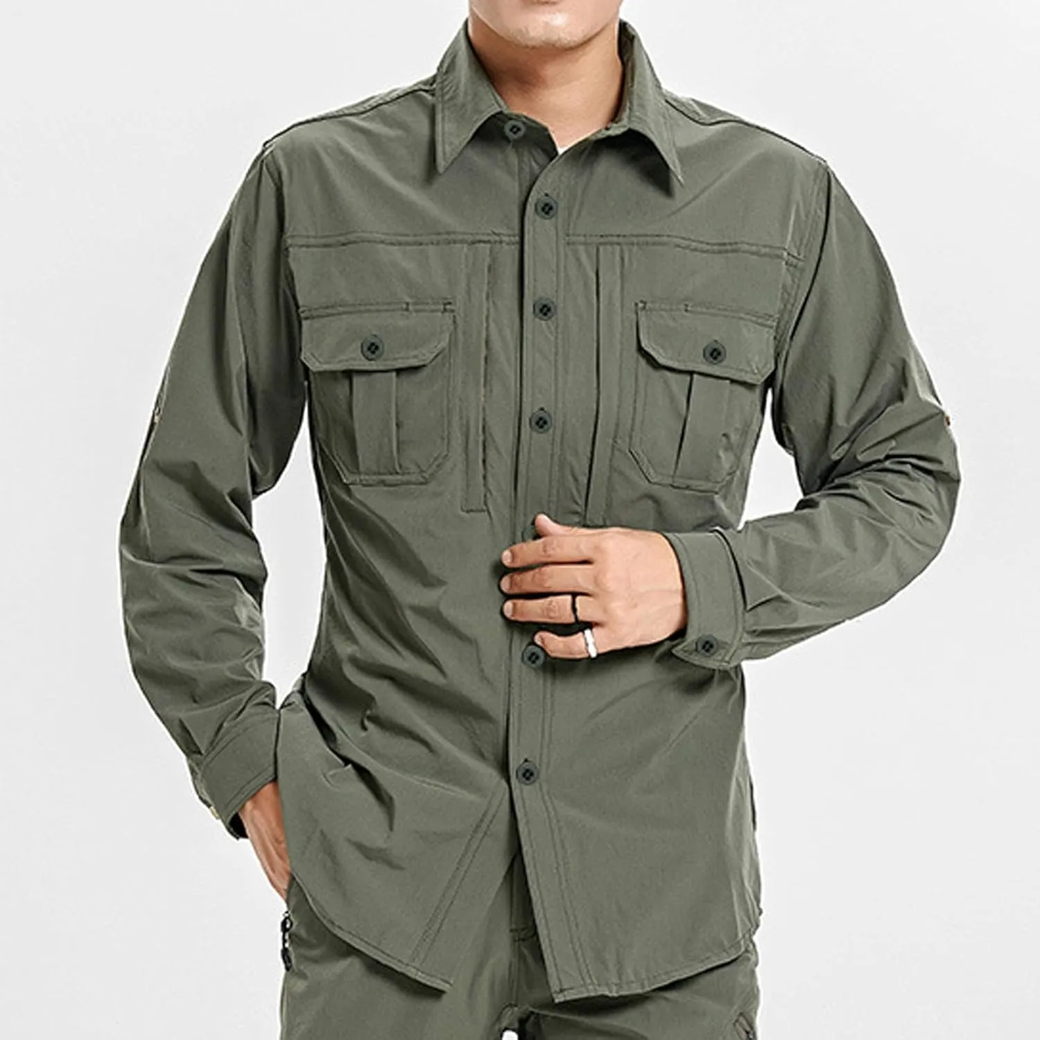 Long Sleeve Cargo Shirts for Men Casual Loose Button Lapel Work Blouse Stretch Quick Dry Shirt with Two Pockets