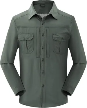 Long Sleeve Cargo Shirts for Men Casual Loose Button Lapel Work Blouse Stretch Quick Dry Shirt with Two Pockets