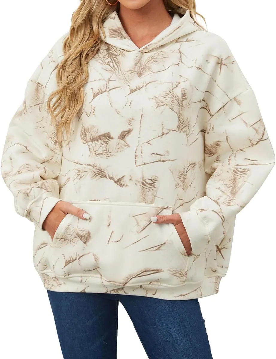 Lynkiss Womens Cotton Camo Hoodies Maple Leaf Print Oversized Hooded Fleece Sweatshirt Long Sleeve Pullover with Pocket