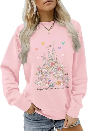 Magic Kingdom Sweatshirts for Women Magical Floral Castle Graphic Long Sleeve Shirt Holiday Vacation Pullover Tops