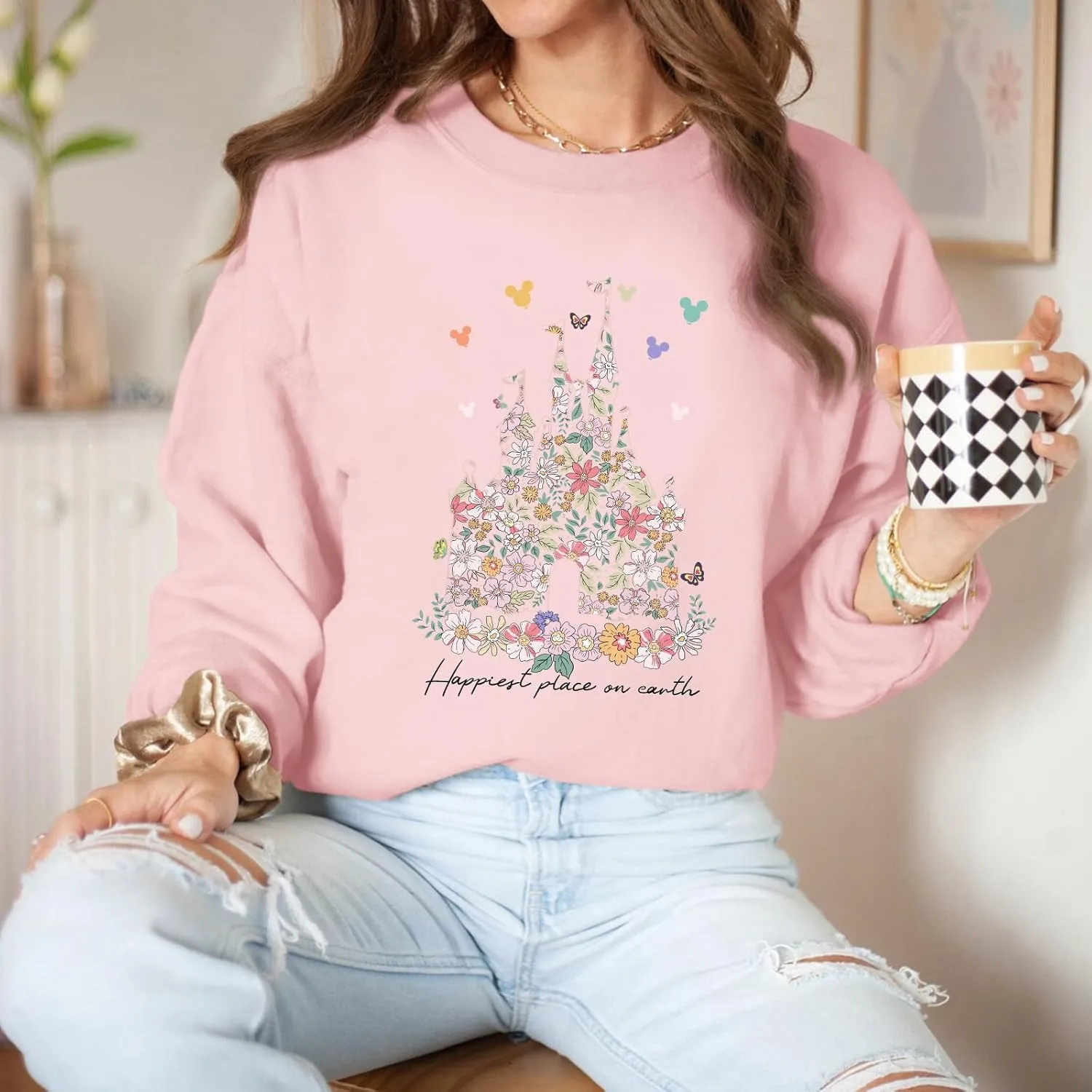 Magic Kingdom Sweatshirts for Women Magical Floral Castle Graphic Long Sleeve Shirt Holiday Vacation Pullover Tops