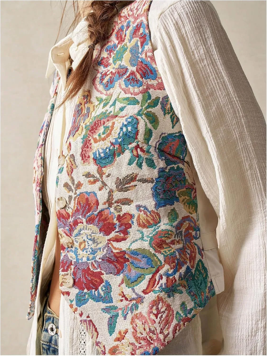MakeMeChic Women's Boho Floral Embroidery Western Vest Sleeveless V Neck Button Down Jacket Waistcoat