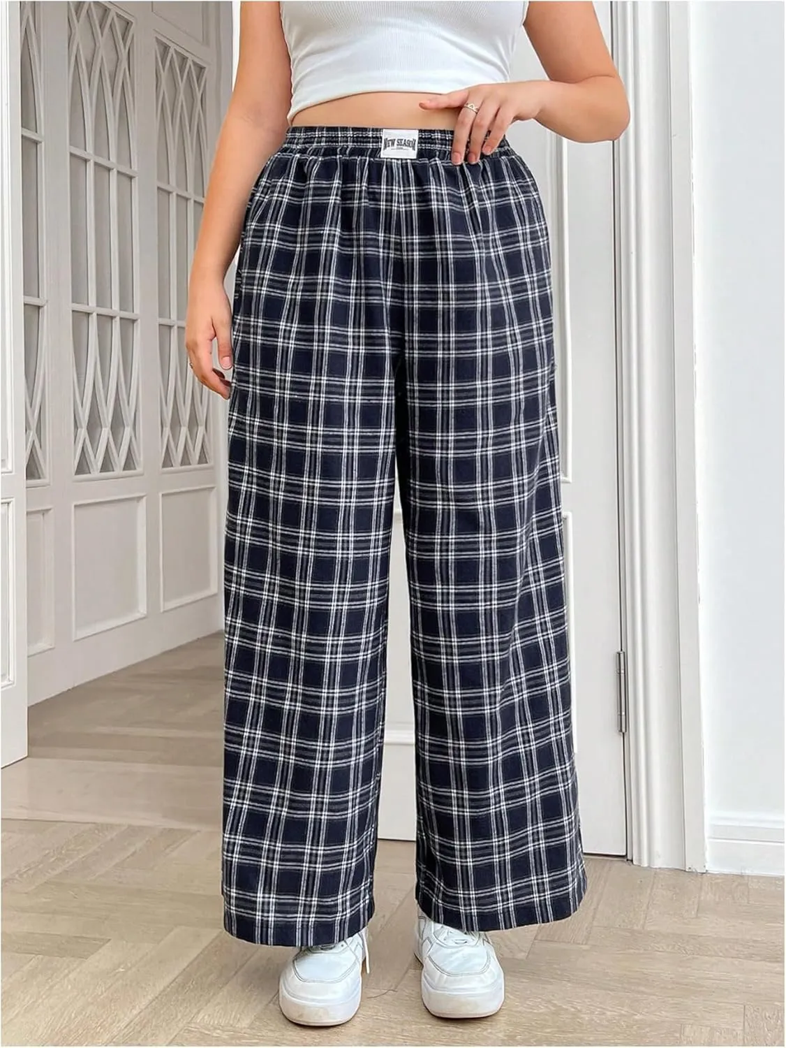 MakeMeChic Women's Plus Size Gingham Plaid Elastic High Waist Wide Leg Pocket Baggy Loose Y2K Trousers Pants Loungewear