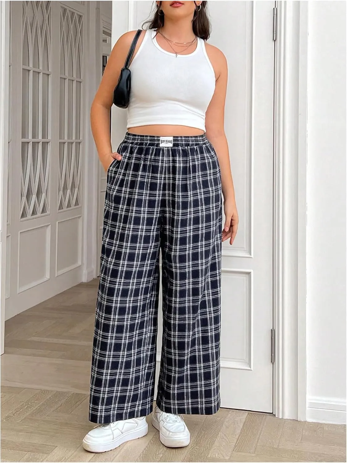 MakeMeChic Women's Plus Size Gingham Plaid Elastic High Waist Wide Leg Pocket Baggy Loose Y2K Trousers Pants Loungewear