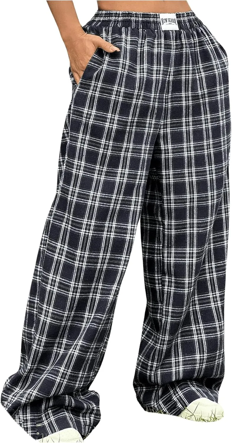 MakeMeChic Women's Plus Size Gingham Plaid Elastic High Waist Wide Leg Pocket Baggy Loose Y2K Trousers Pants Loungewear