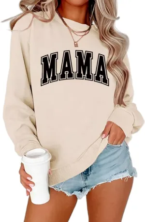 Mama Sweatshirt Women Mama Letter Print Graphic Mom Life Long Sleeve USA Sweatshirt Pullover American Flag Shirt Tops