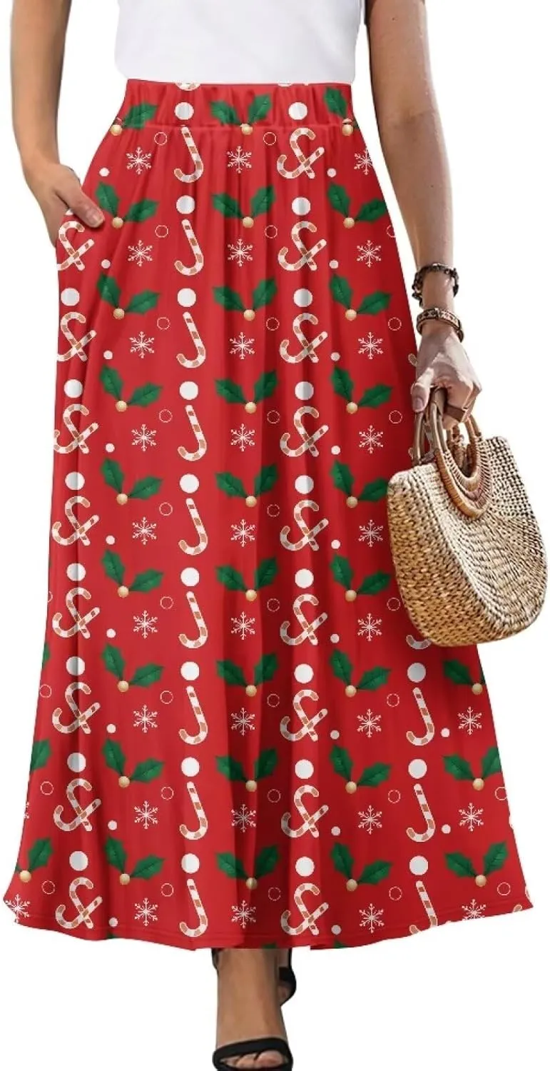 Maxi Skirts for Women Fall Trendy Casual Elastic High Waist Long Skirts A Line Skirts with Pockets Large Size