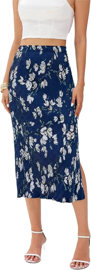 Maxi Skirts for Women with Slit Long Midi Length Floral Elastic Pleated Skirt for Party Holiday