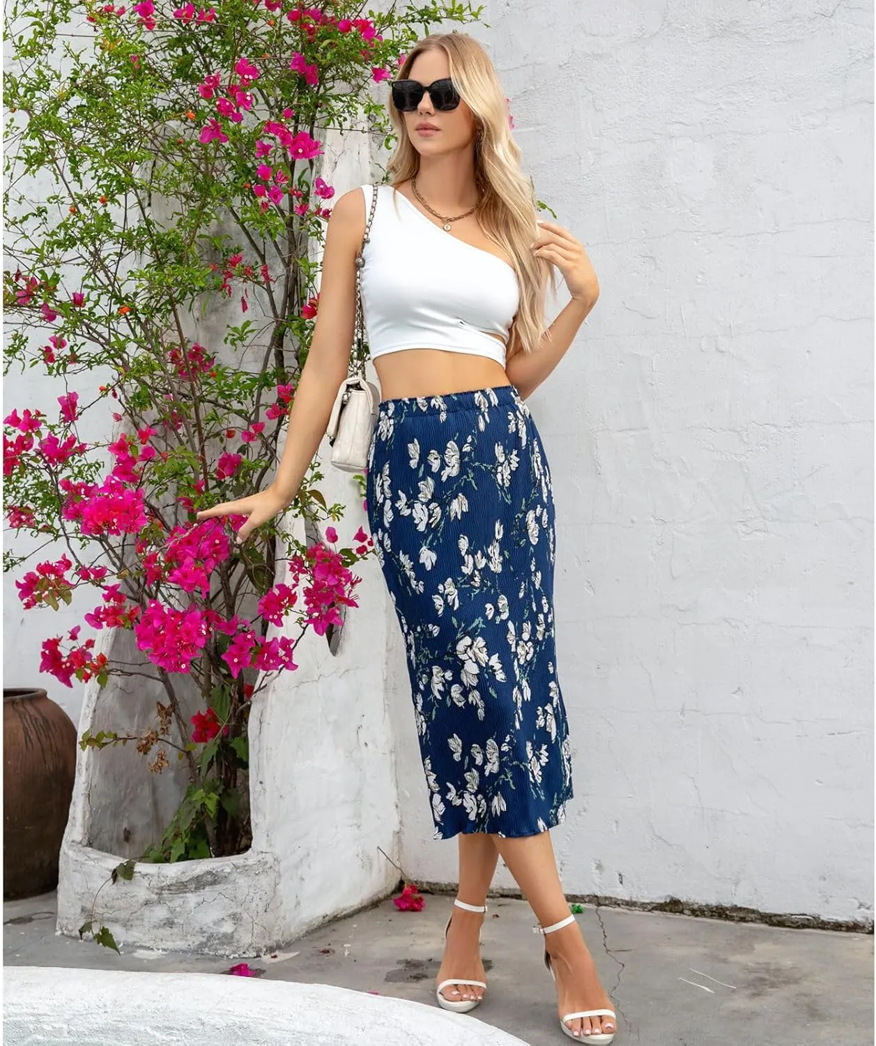 Maxi Skirts for Women with Slit Long Midi Length Floral Elastic Pleated Skirt for Party Holiday