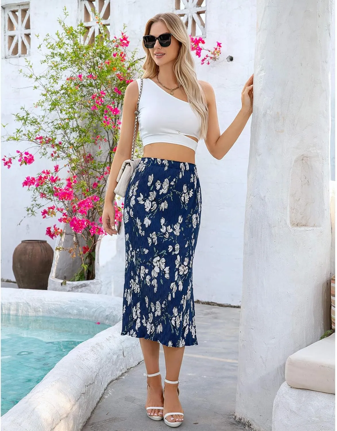 Maxi Skirts for Women with Slit Long Midi Length Floral Elastic Pleated Skirt for Party Holiday