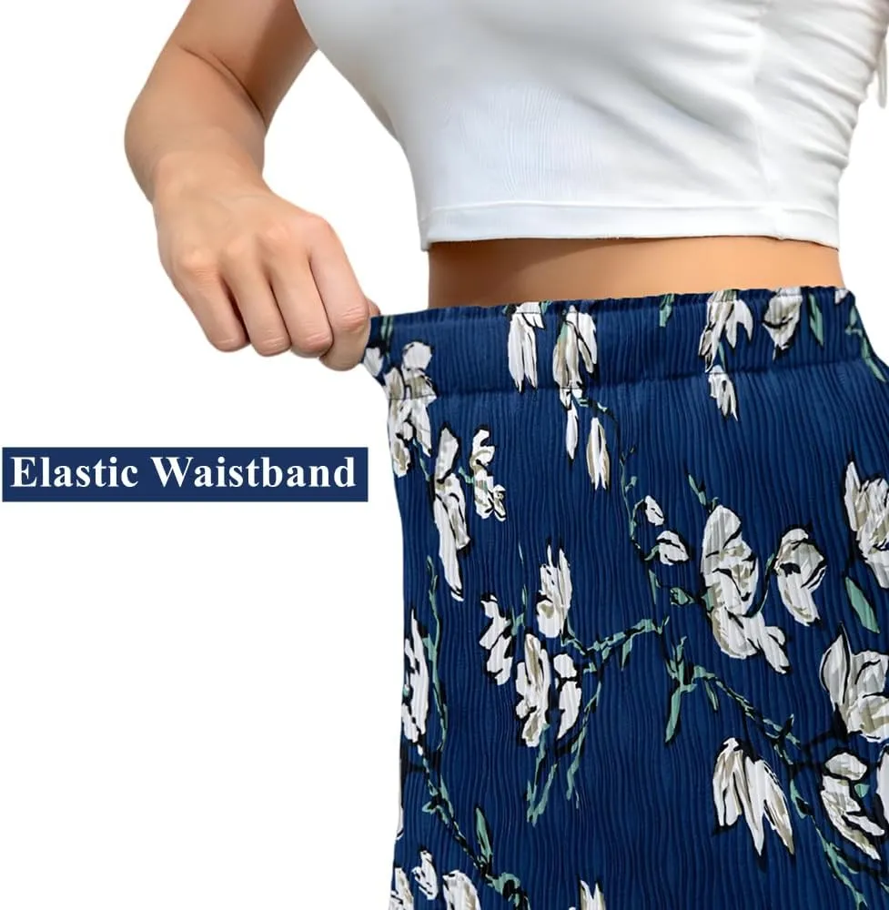 Maxi Skirts for Women with Slit Long Midi Length Floral Elastic Pleated Skirt for Party Holiday
