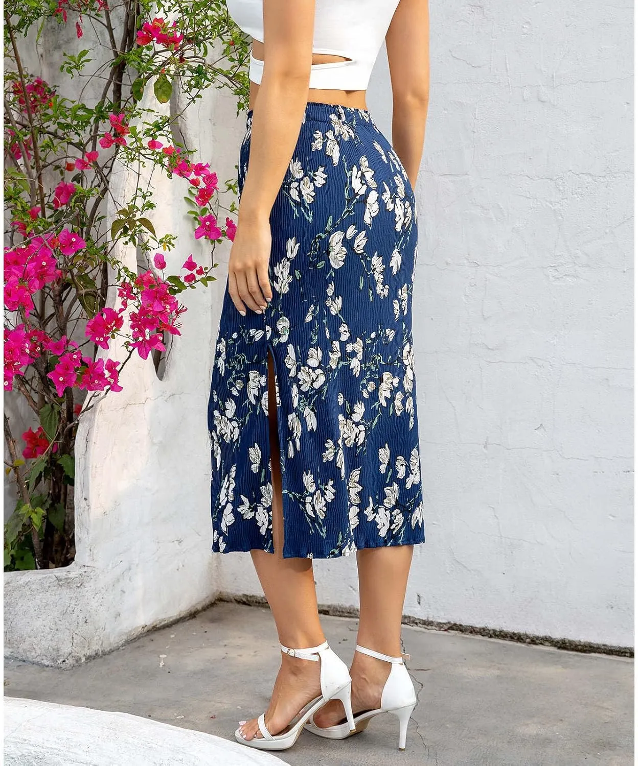 Maxi Skirts for Women with Slit Long Midi Length Floral Elastic Pleated Skirt for Party Holiday