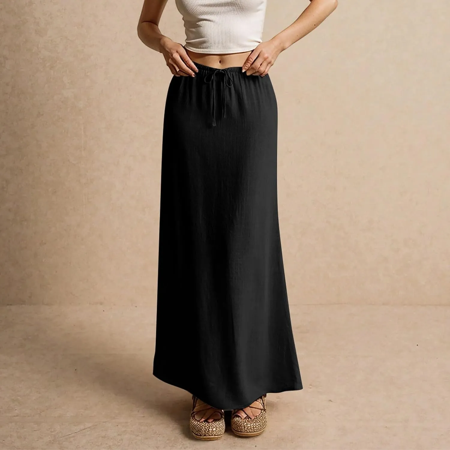 Maxi Skirts for Women Womens Trendy Summer Comfy Drawstring Waist A Line Skirts Cute Vacation Long Flowy Skirt