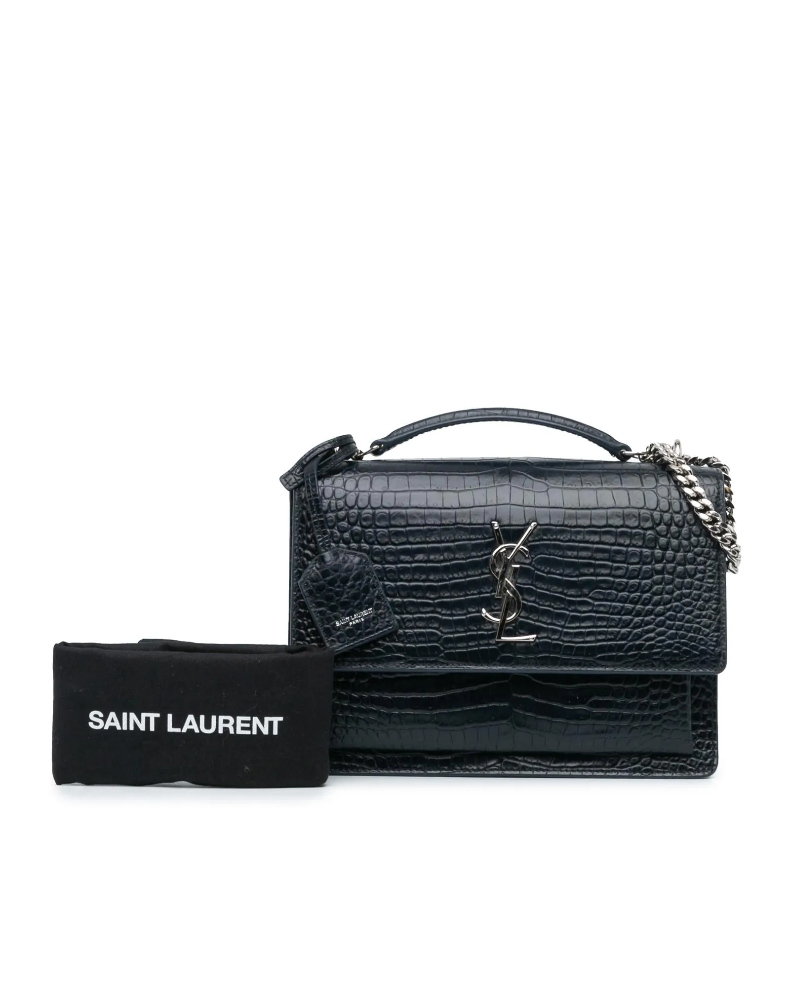 Medium Croc Embossed Monogram Sunset Bag with Chain Strap and Magnetic Closure