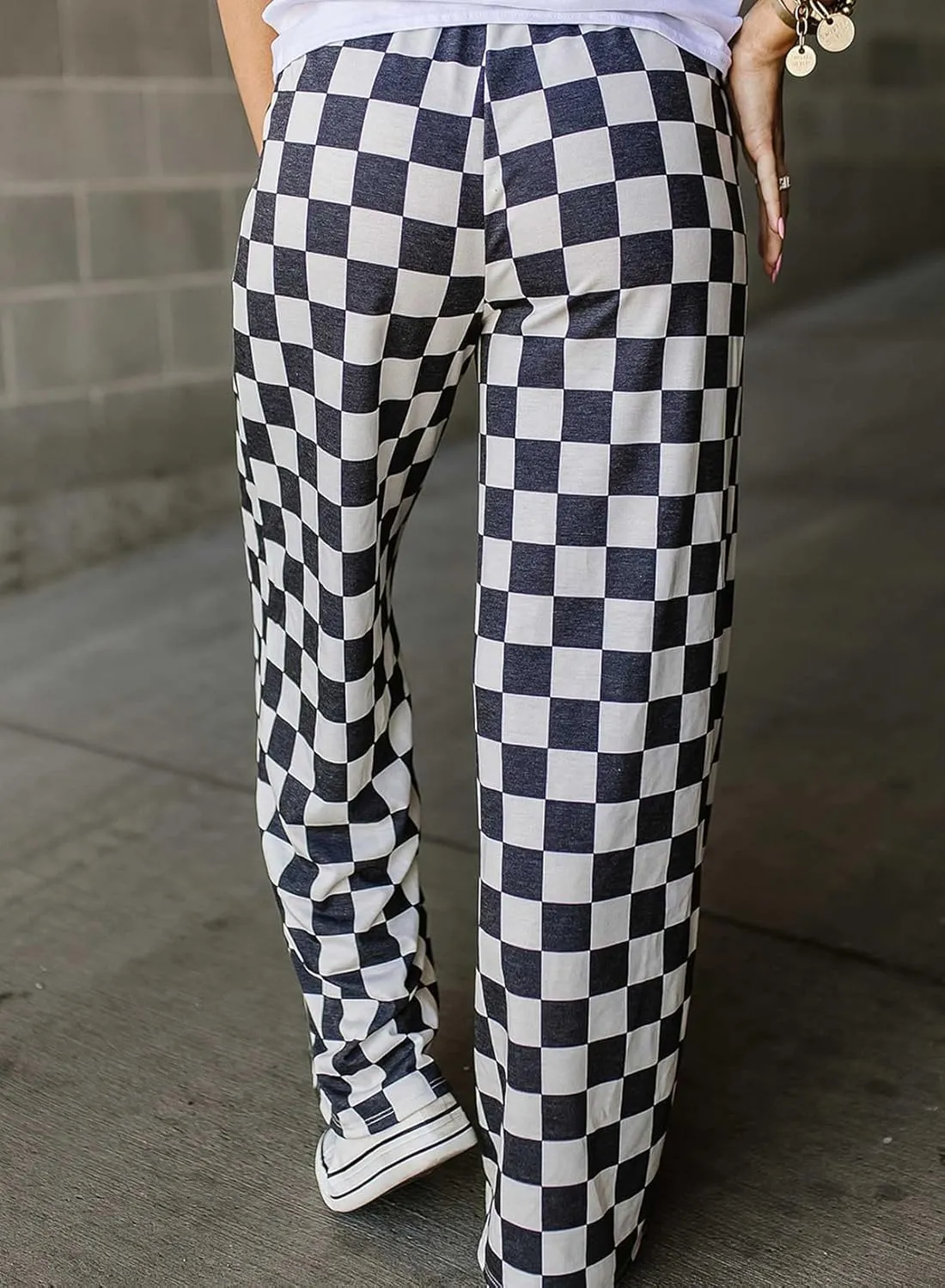 Melliflo Women Loose Wide Leg Straight Plaid Denim Pants Casual High Wasit Checkered Baggy Jeans with Pockets