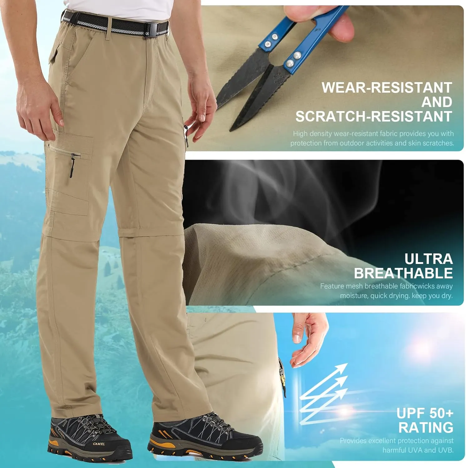 Mens Hiking Pants Convertible Zip Off Lightweight Quick Dry Fishing Safari Camping Travel boy Scout Pants
